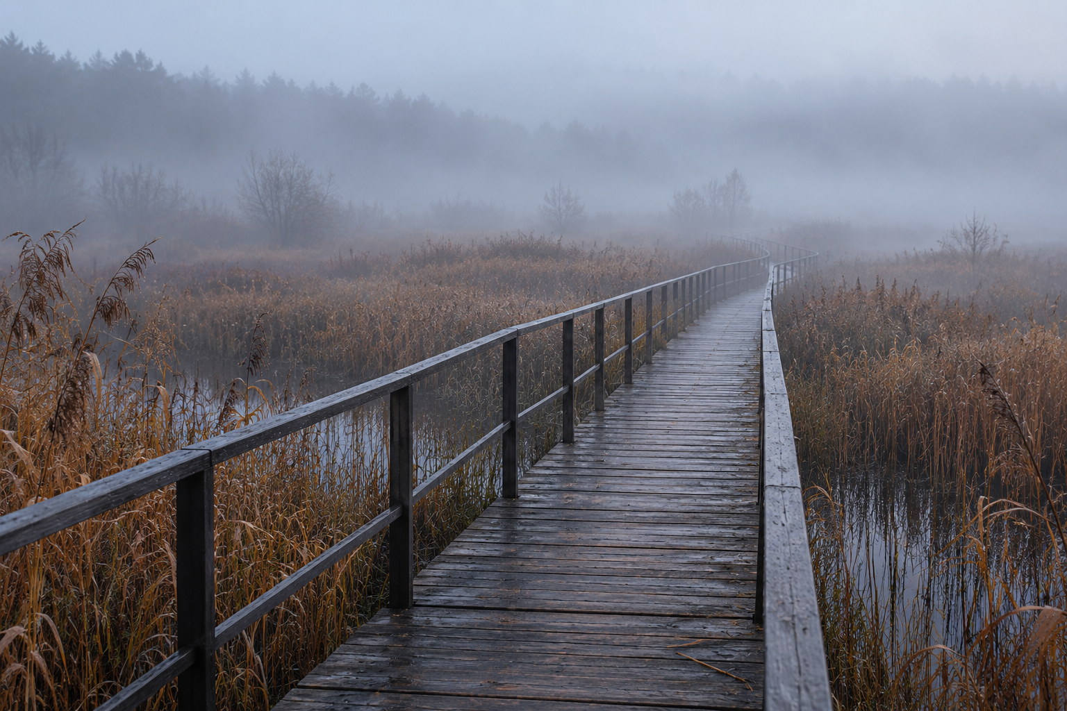 A wet timber footbridge disappearing into autumn fog above a reed marsh
