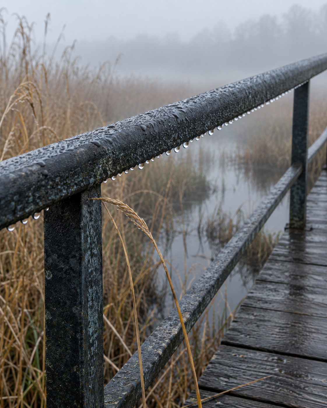 Condensation beads beneath a dark footbridge handrail beside pale reeds