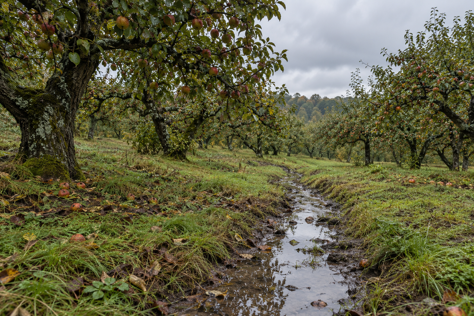 An old apple orchard and shallow drainage furrow immediately after rain