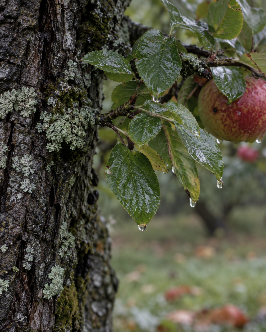 Rain drops on apple leaves beside wet lichened bark