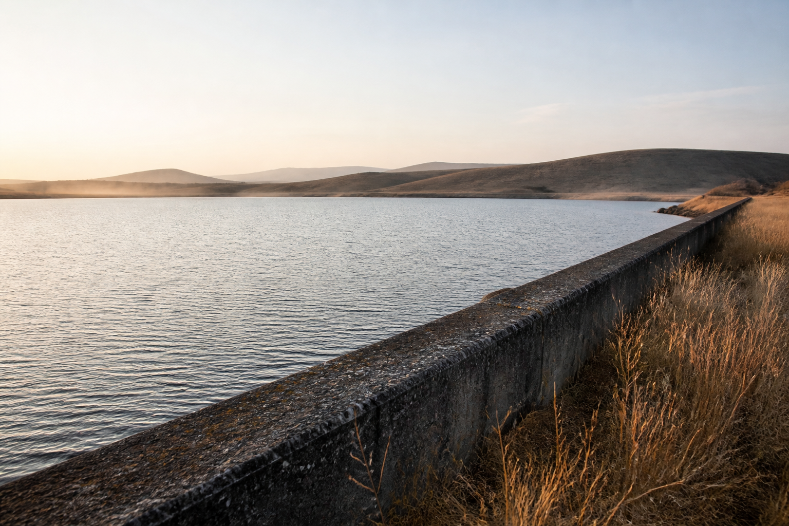 A late-summer reservoir beside a weathered concrete wall in low evening light